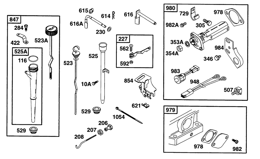 Oil Fill, Oil Gard Diagram and Parts List for 221432-0143-XX  Briggs and Stratton Engine